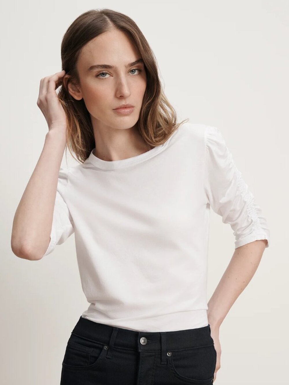 NWOT Veronica Beard Waldorf Ruched-Sleeve T-Shirt